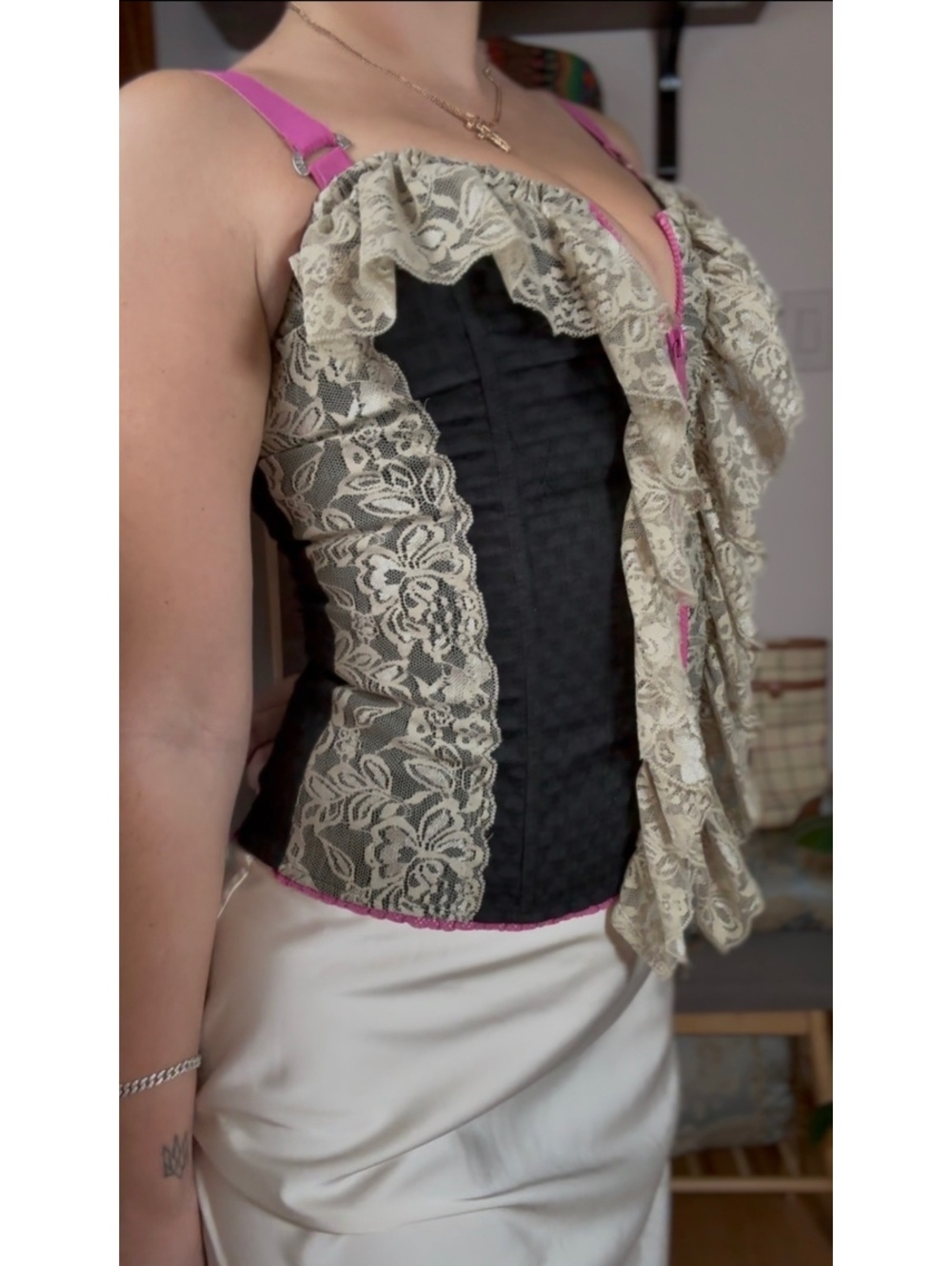 Vintage Morgan De Toi Women's Pink and black & cream lace corset size T36 - Picture 4 of 9